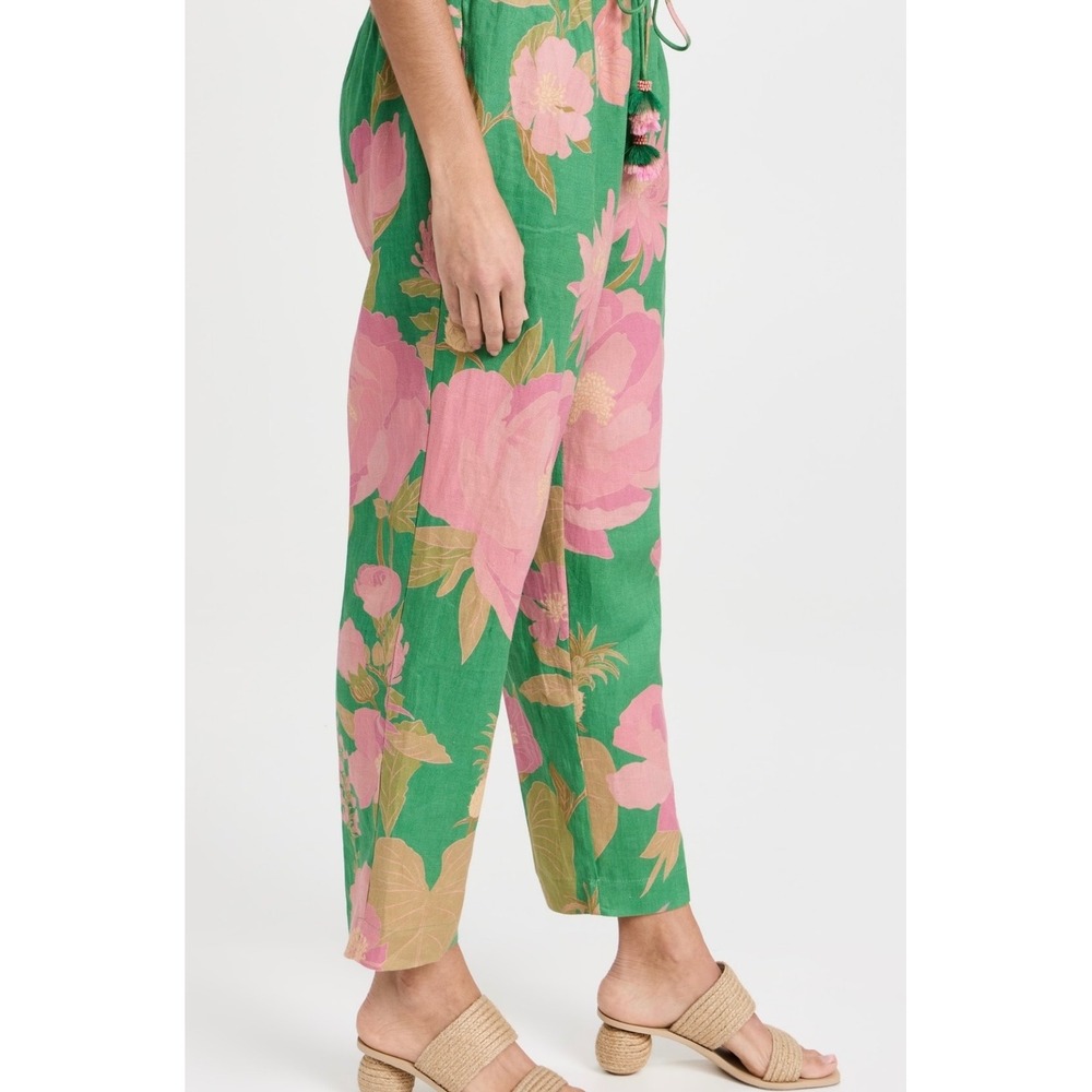 Farm Rio Green Wild Peonies Linen Pants Floral Pineapple Tassel Size L and top - Picture 3 of 16